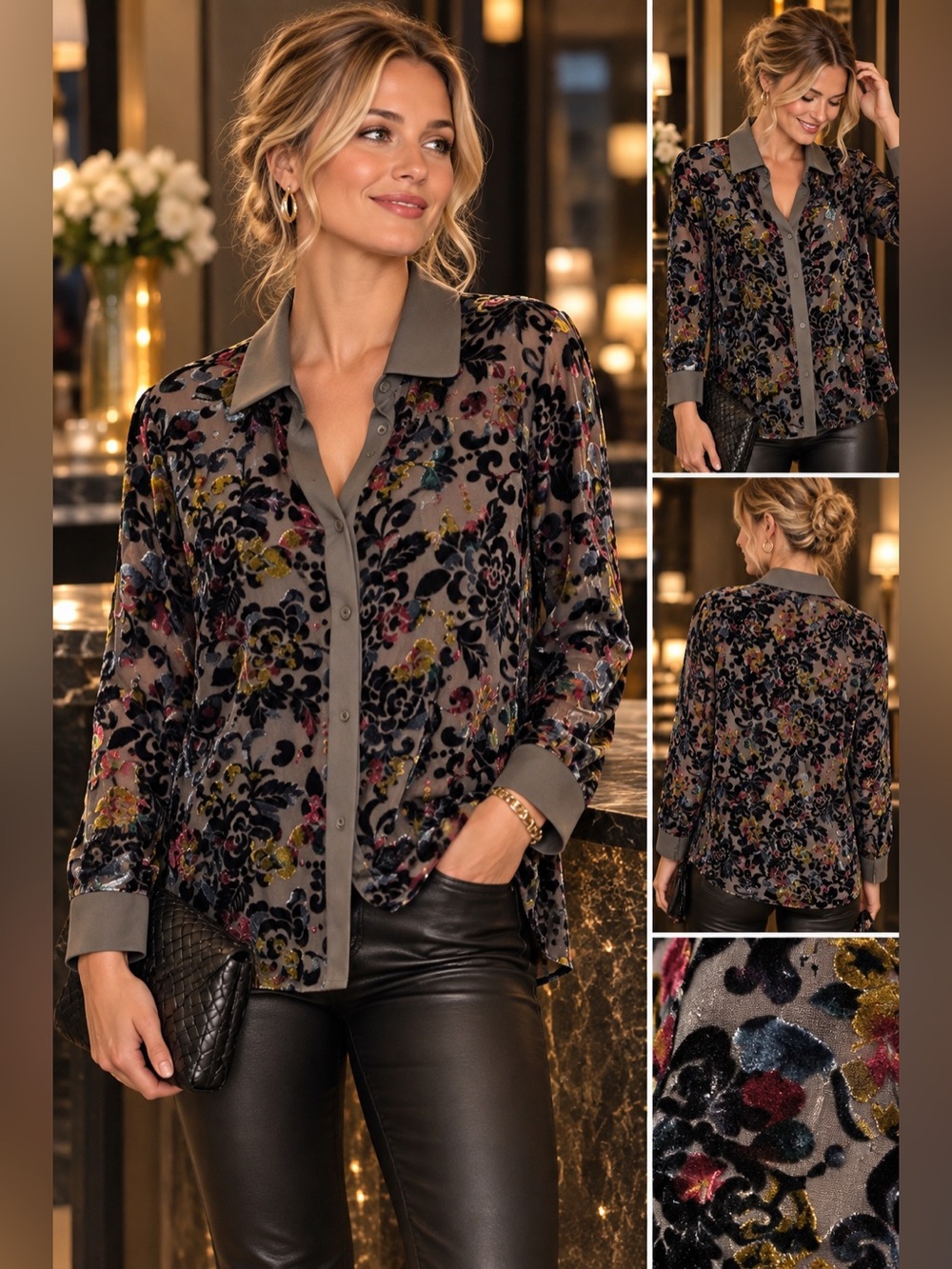 Velvet Floral Burnout Button-Down Blouse - Black Multicolor